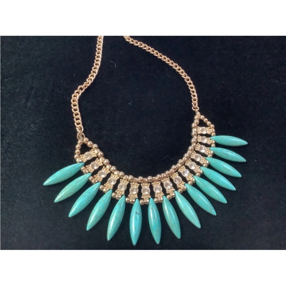Vintage Egyptian style faux turquoise and rhinestone broad collar necklace.